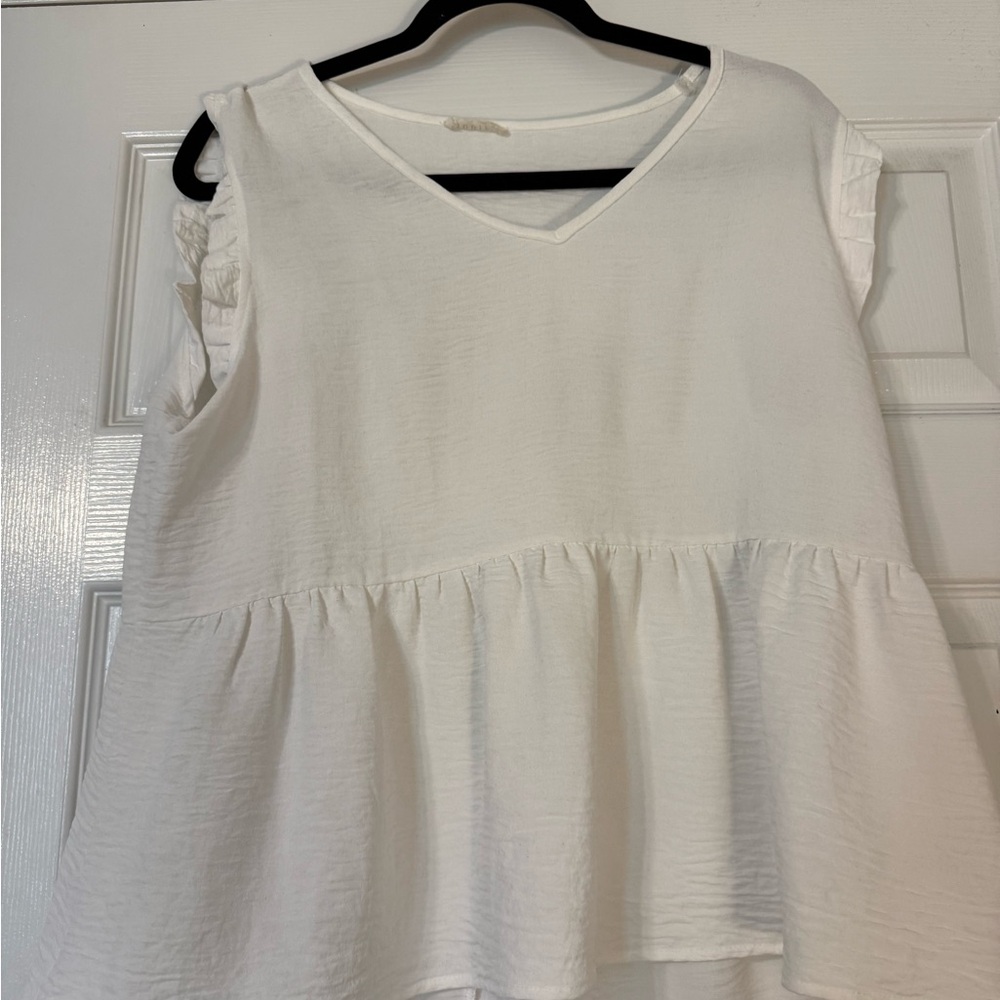 JODIFL White V-Neck Peplum Tunic with Ruffle Sleeves